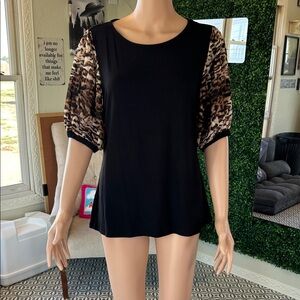 Tahari Black Blouse with Brown Patterned Sleeves